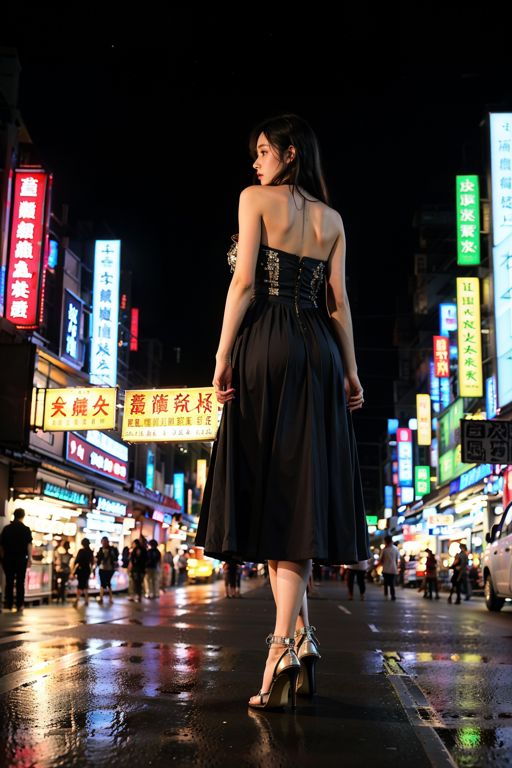 07824-3556199378-night,dark,_lora_Shijing Night Market_v1_0.7_,ruanyi050,1girl,solo,strapless dress,stiletto heels,long hair,black hair,(from beh.png